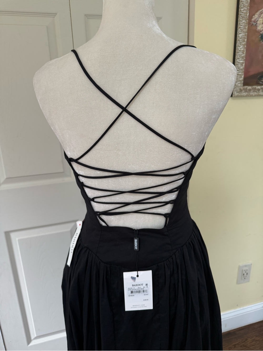 Bardot NWT Black cotton Maxi Dress with Spaghetti Straps and open lace back - Picture 7 of 10